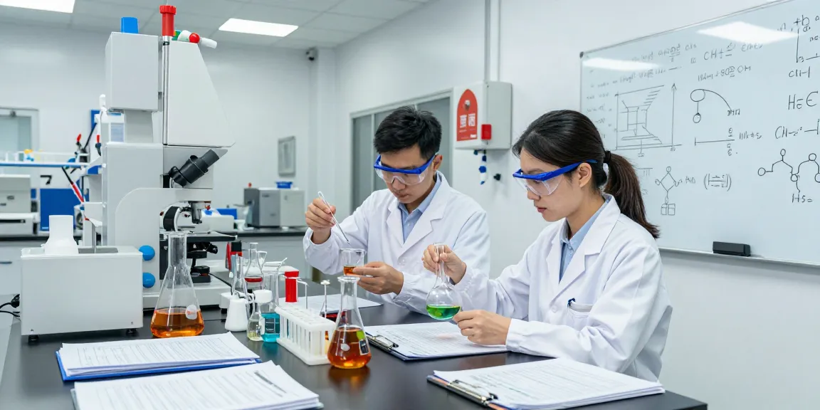 Ozon Chemical researchers measuring chemical reagents in a professional laboratory setting.