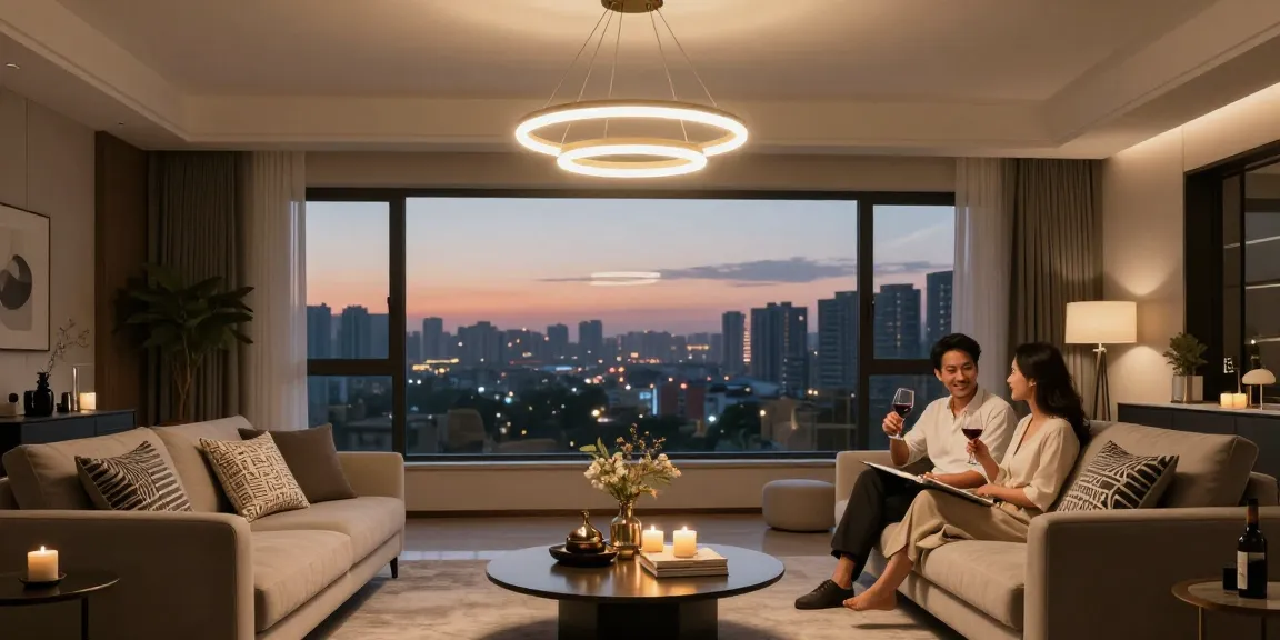 Candelabru living elegant într-un living modern, iluminând un cuplu care se bucură de o seară cozy.