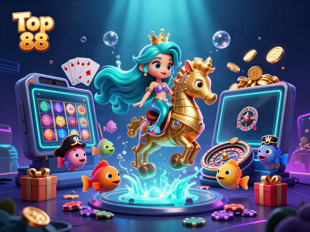 Engage with Top 88's vibrant casino world featuring a mermaid, seahorse, and exciting gaming elements.