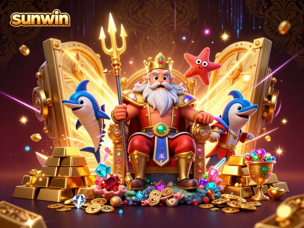 Join the exciting adventure of sunwin with Neptune and treasures in a vibrant 3D casino scene.
