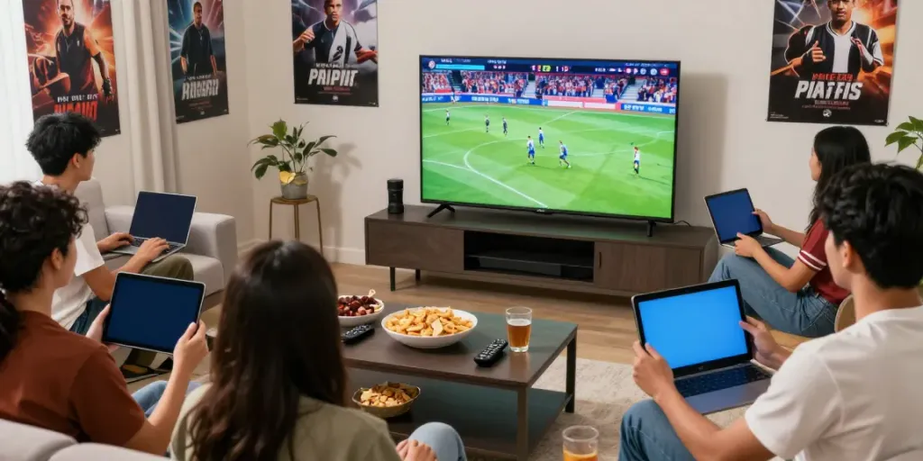 Friends enjoying movies and sports with FilmyZilla2026 APK on various devices in a lively home setting.