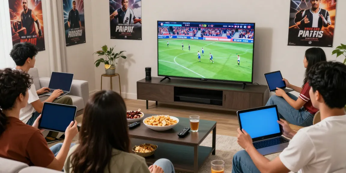 Friends enjoying movies and sports with FilmyZilla2026 APK on various devices in a lively home setting.