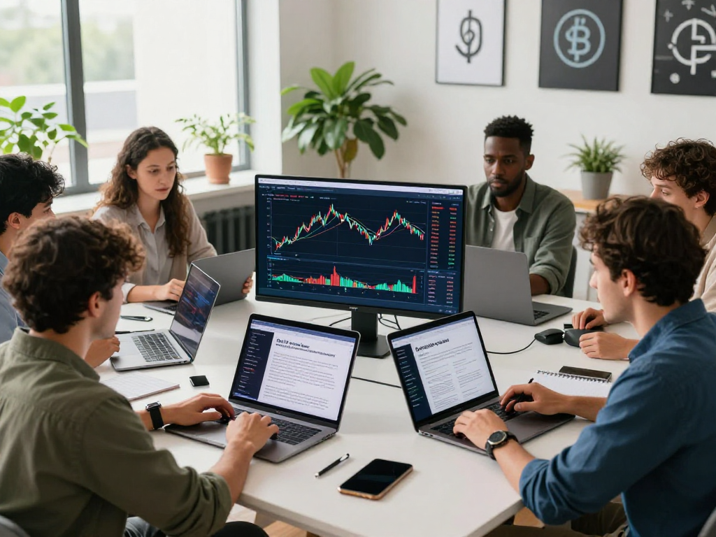 Kyber-swap trading scene with diverse individuals analyzing crypto charts in a modern workspace.