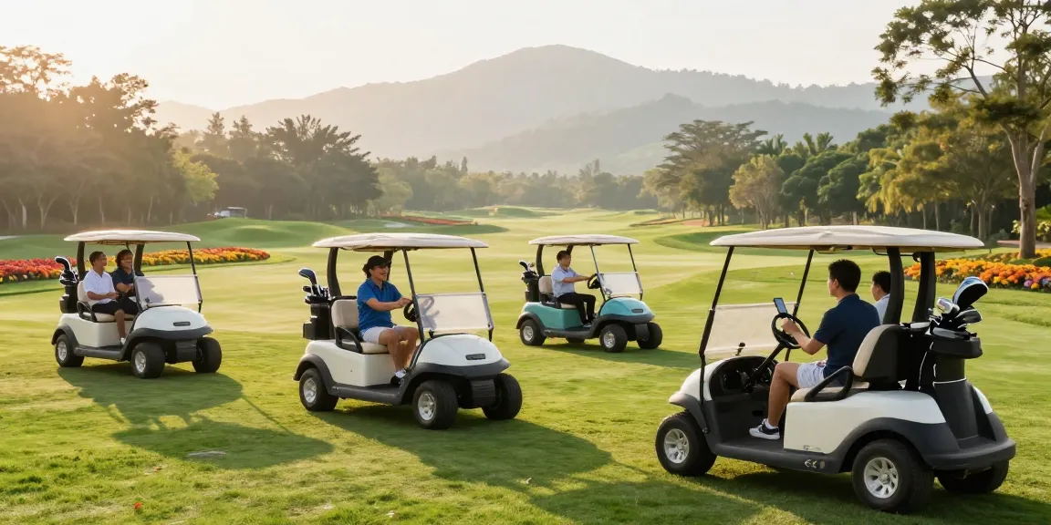 Electric golf cart dealer showcasing colorful carts on a scenic golf course with friends enjoying their game.