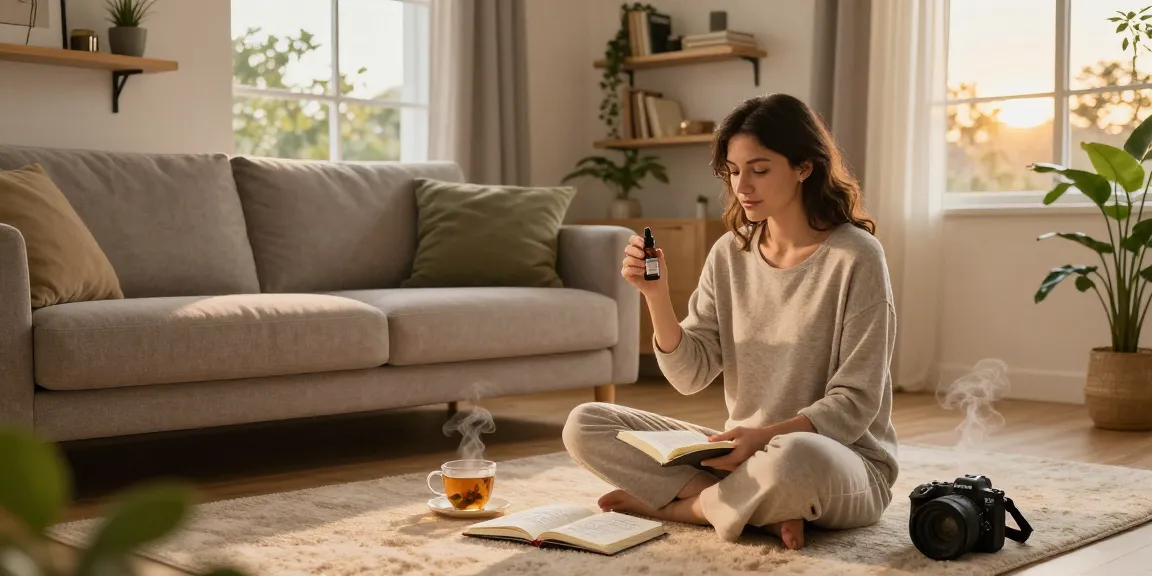 Ministry of Cannabis CBD oil tincture in a calming evening wellness routine with herbal tea and a wellness journal, promoting self-care.