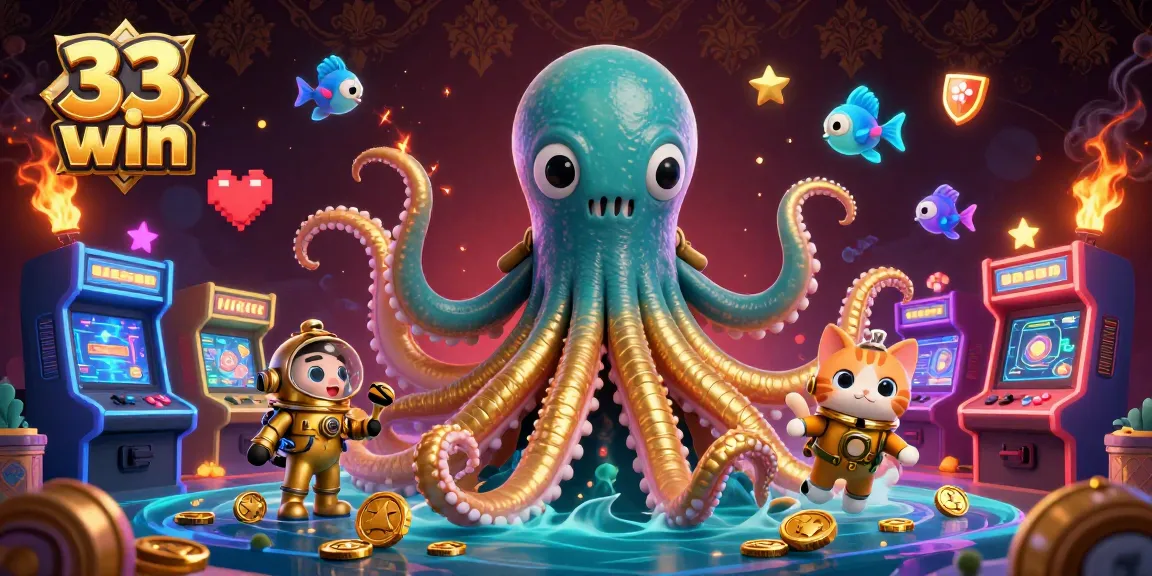 Place bets at 33 win amidst the thrilling adventure of a kraken, diving cat, and vibrant arcade!