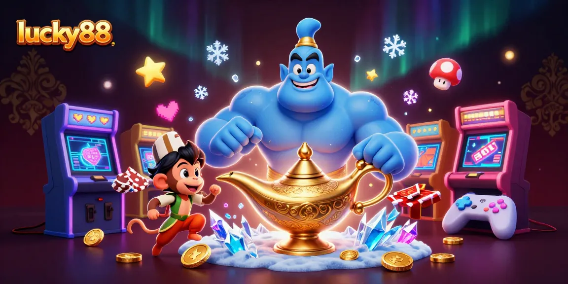 Engage in lucky88 gaming fun with a dynamic composition of a genie and a magic carpet in a casino setting.