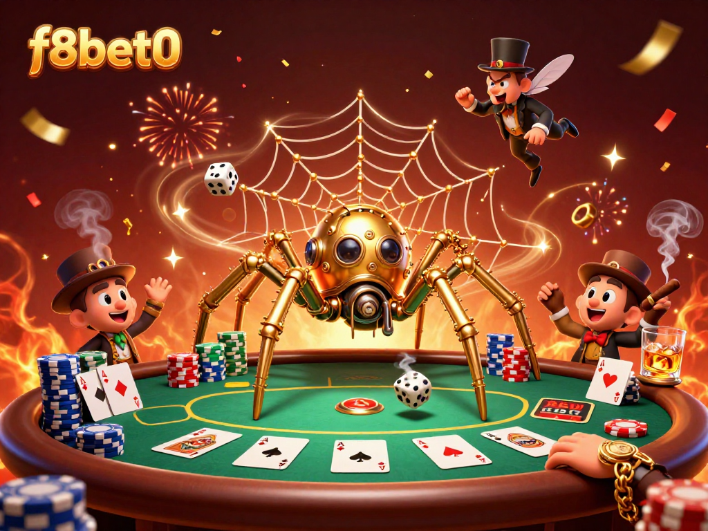 Engage with thrilling gaming moments at f8bet0 with a vibrant casino illustration featuring a steampunk spider and poker elements.