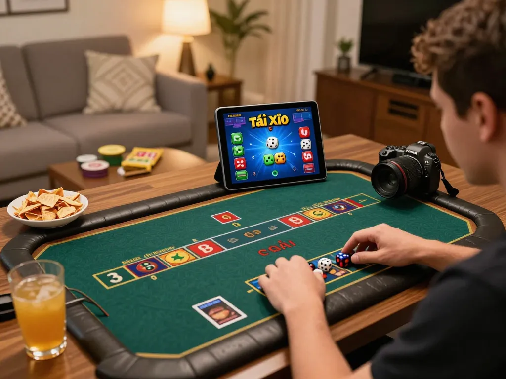 Player enjoying a Tài Xỉu online game experience on a tablet at home, showcasing the taixiuonlinego dynamic interface and strategic gameplay.