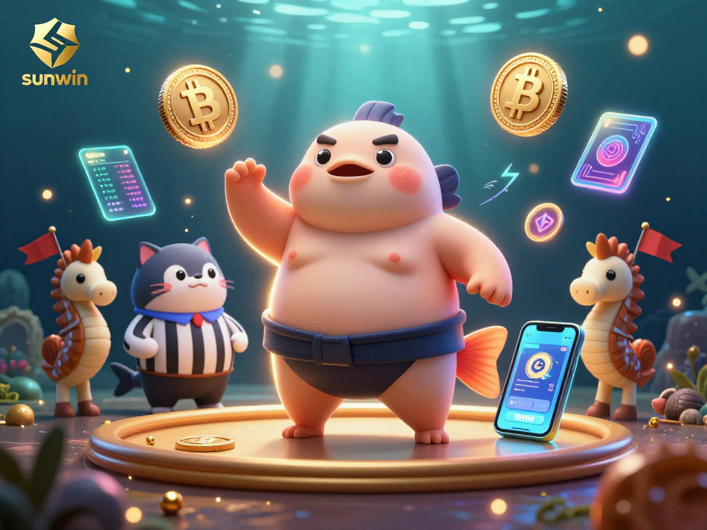 Experience thrilling gameplay with sunwin featuring a sumo wrestler fugu, catfish referee, and crypto elements.