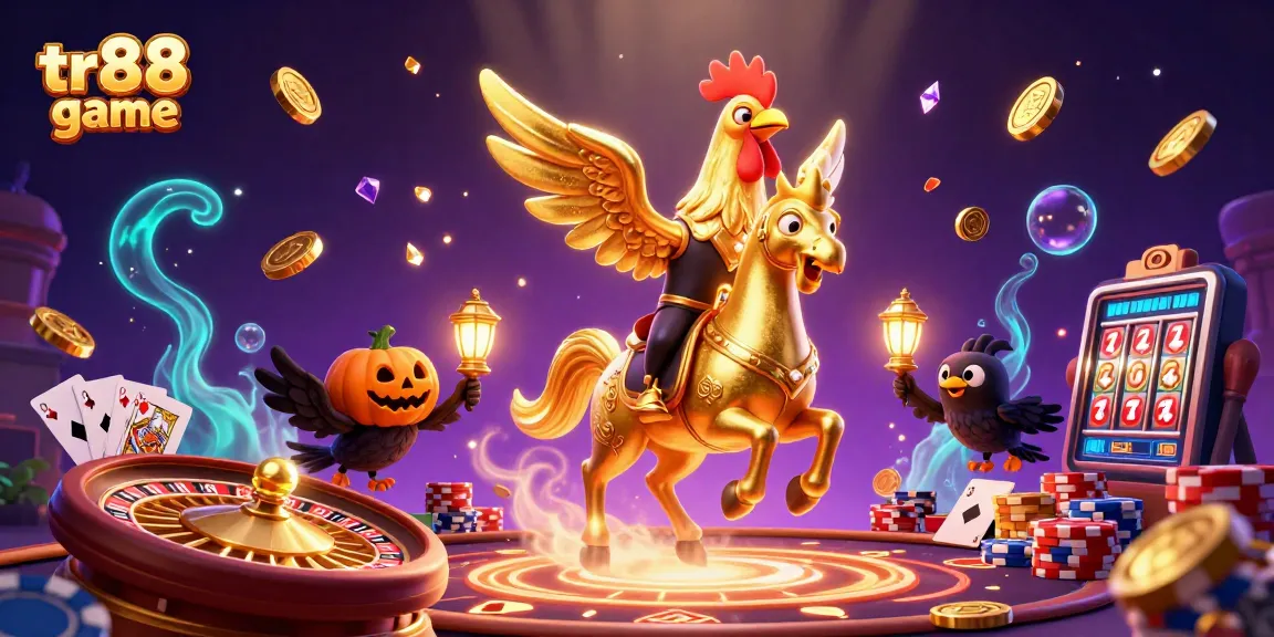 Engage in thrilling tr88 game action with a vibrant casino scene featuring golden rooster and mystical ambiance.