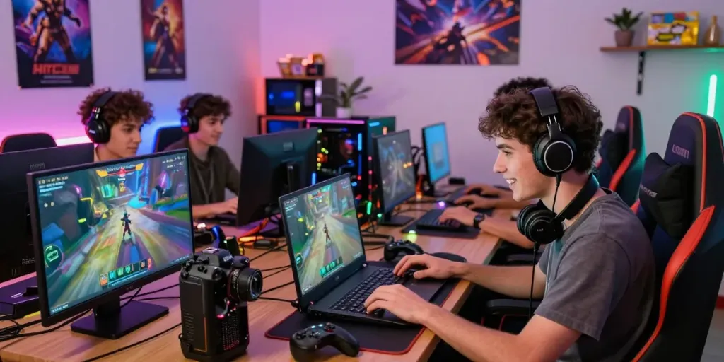 Players engaged on HitClub gaming platform with vibrant atmosphere and modern gear.