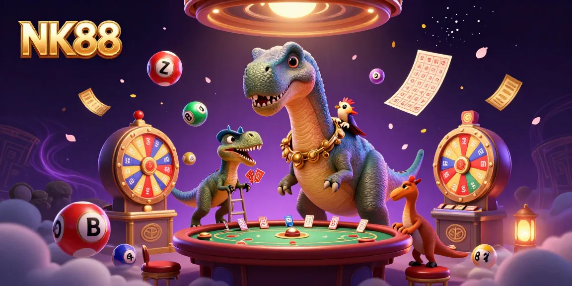 Players enjoy thrilling games at NK88 Casino, featuring rich illustrations and vibrant elements.