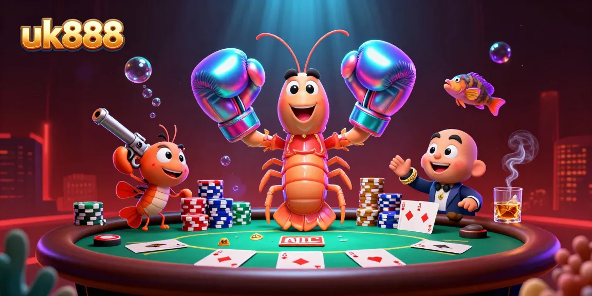 Engage with uk888 through a vibrant poker scene featuring unique cartoon sea creatures and game elements, depicting excitement and fun.