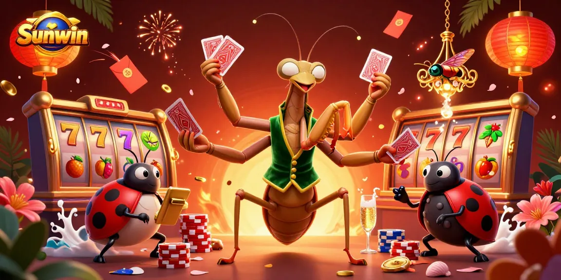 Sunwin showcases a 3D mantis card sharp and vibrant slot symbols in an exciting casino illustration.