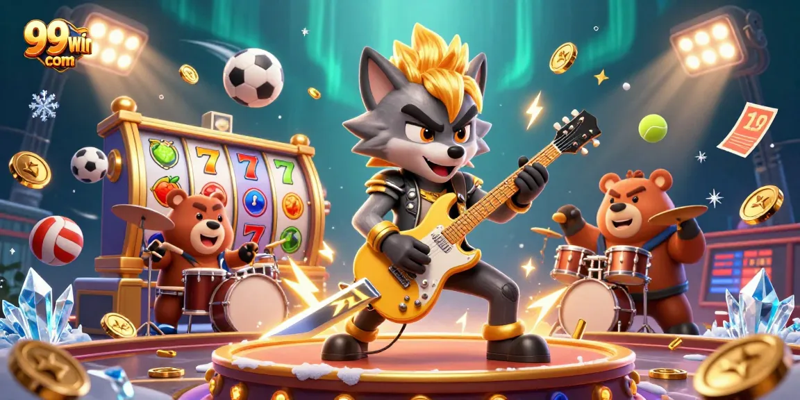 Engage with 99win com's exciting casino experience featuring vibrant slot reels and characters.
