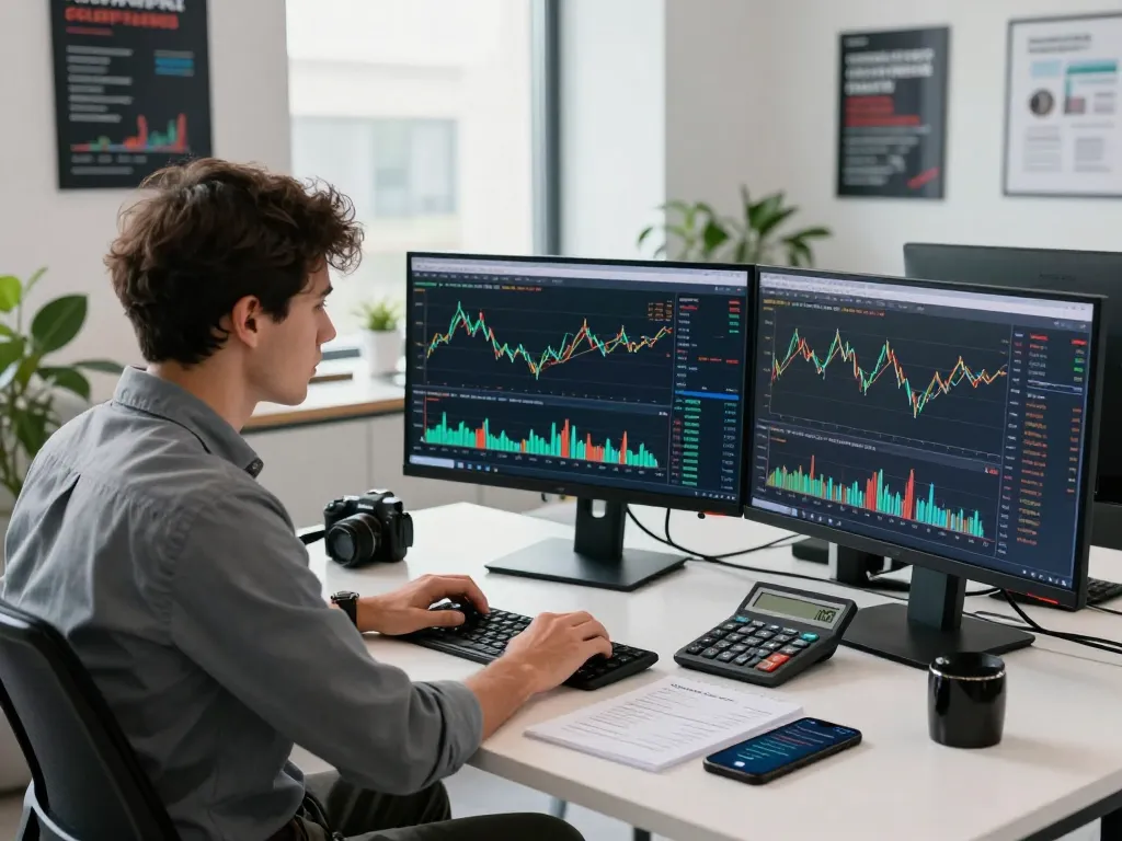 Trader analyzing market trends on Vida Markets CFD Trading Platforms in a modern office setting.
