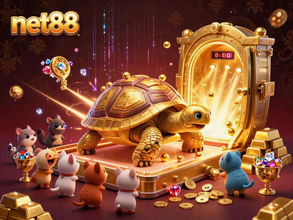 Engage with net88 in this vibrant 3D casino scene featuring a tortoise pinball machine and treasure elements.