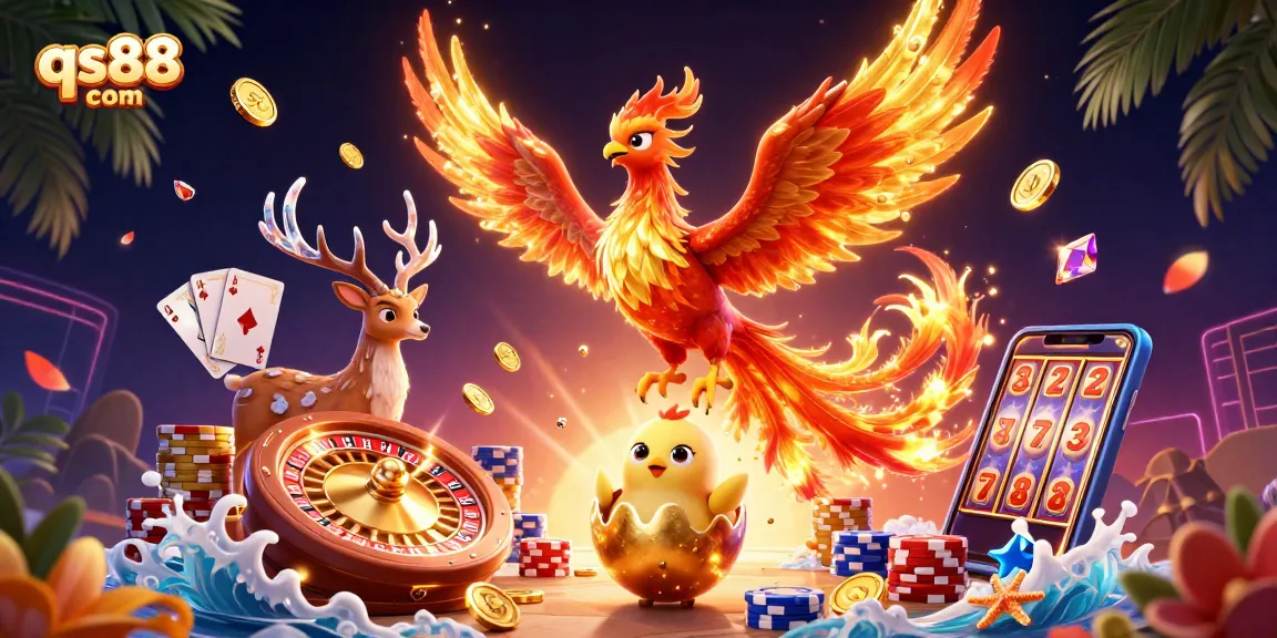 Spin the reels and win at qs88 com with a dynamic 3D casino scene featuring iconic elements.