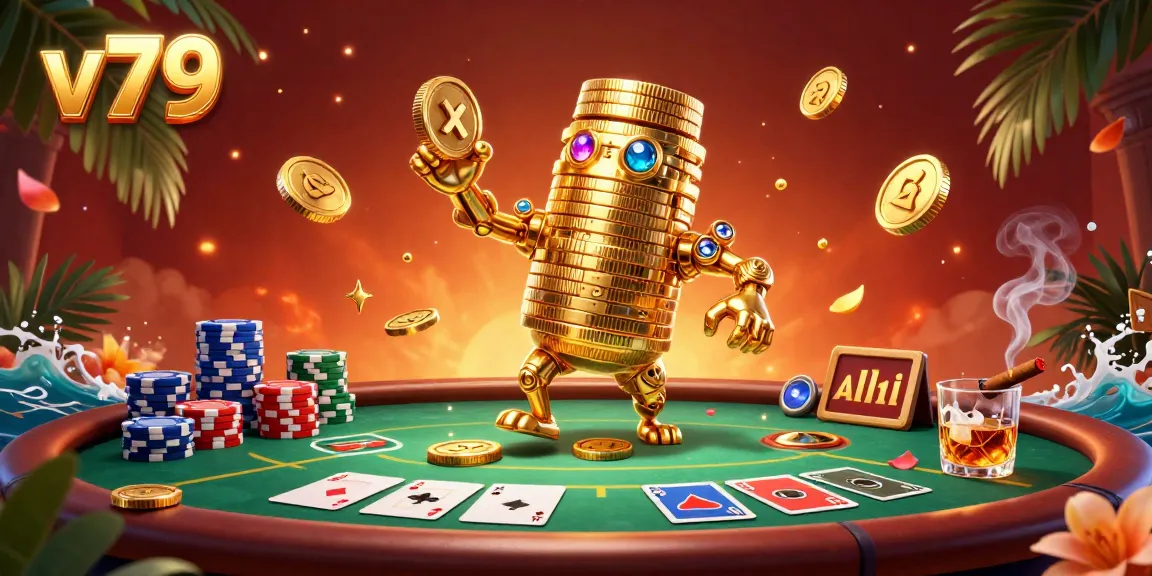 Experience the excitement of v79 with a vibrant 3D casino scene featuring a golden golem among poker games and shimmering chips.