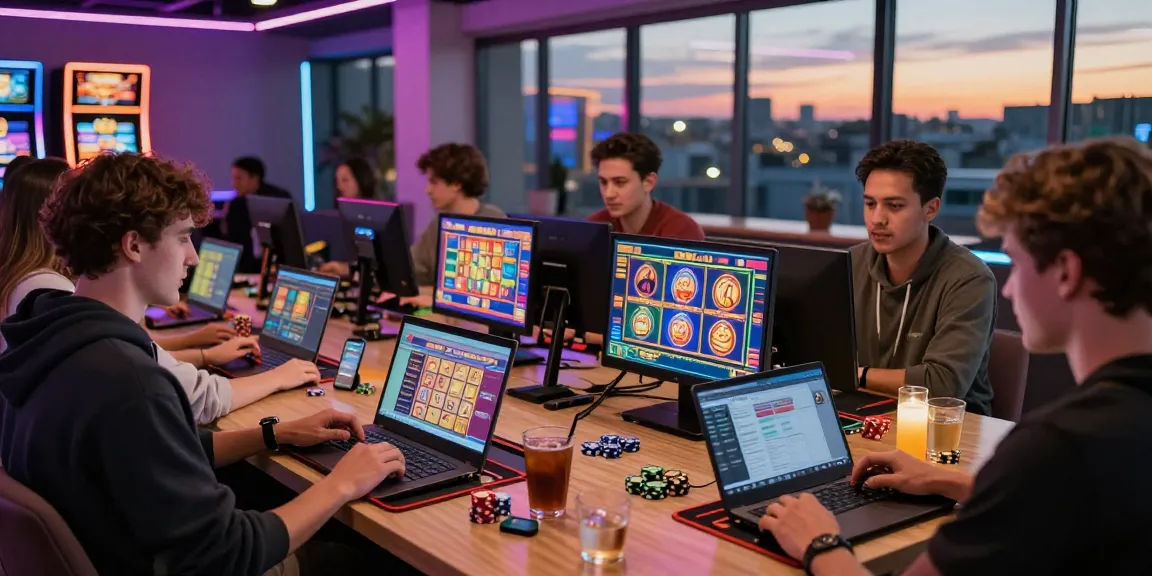 Paysafe Card Casino-Spielsitzung mit Freunden und digitalen Bildschirmen, die lebendige Spiele anzeigen.