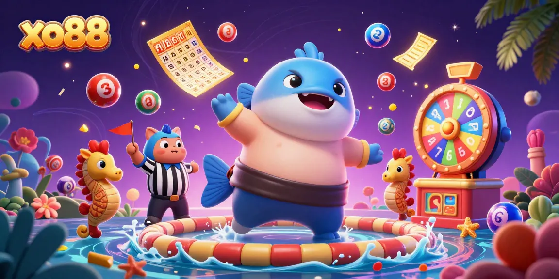Play exciting lottery games at xo88 with a vibrant underwater scene full of fun characters.
