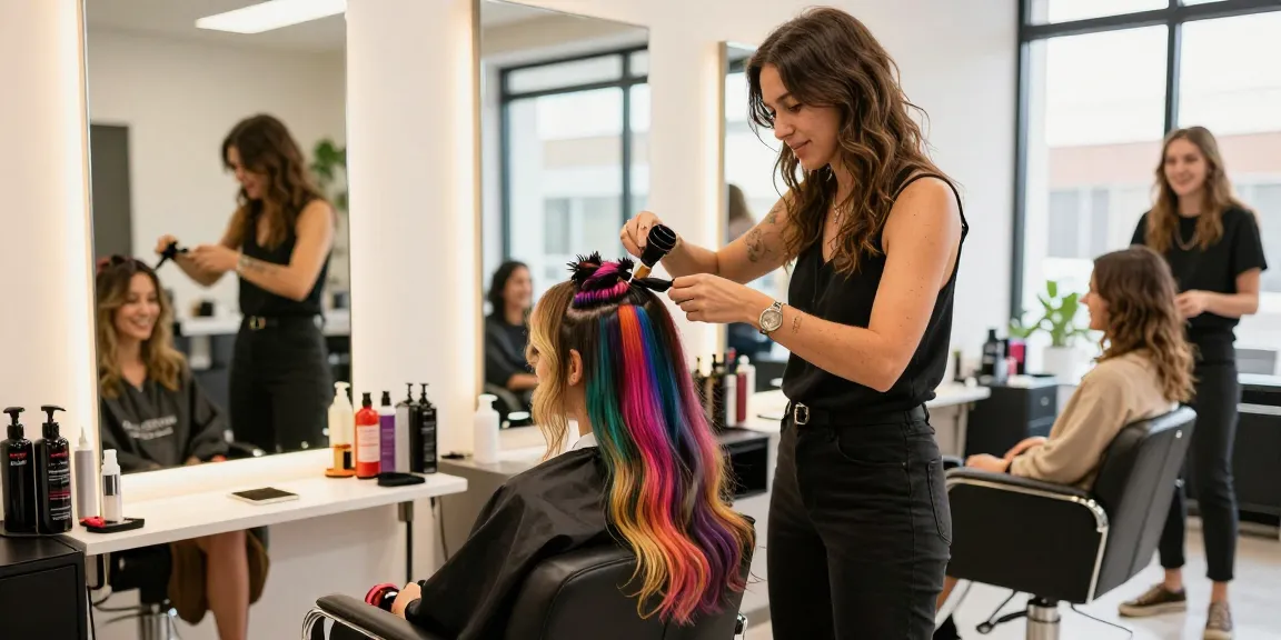Experience the latest hair style trend with colorful extensions in a lively salon setting.