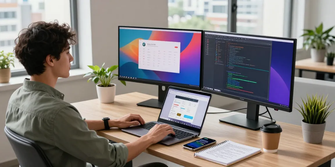 快连 software developer at modern workspace with dual monitors and vibrant code.