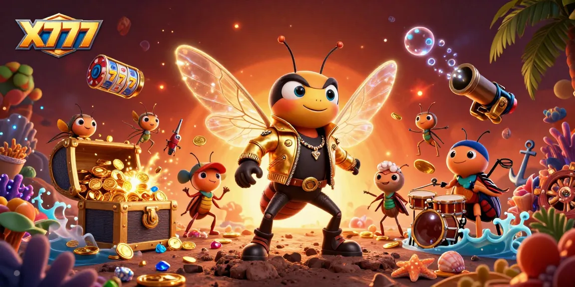 X777 brings excitement with a cicada rock star, vibrant treasure, and slot reels in a dynamic casino scene.