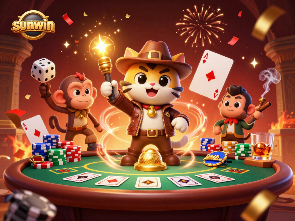 win big with sunwin while an explorer cat discovers casino treasures in a vibrant temple