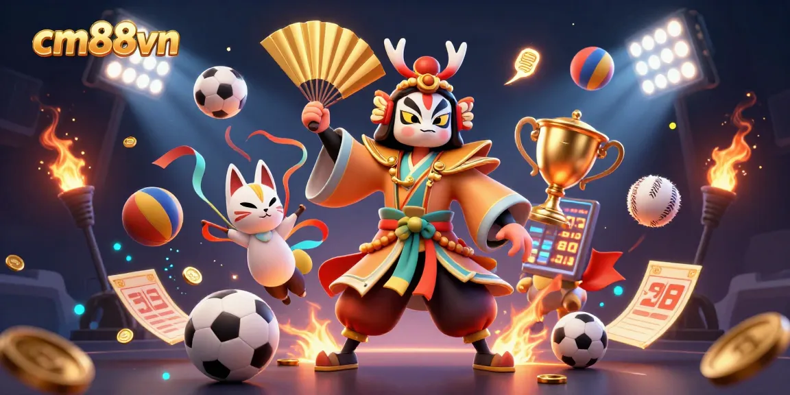 Witness an exciting cm88vn casino scene with a kabuki warrior and sports elements flying around.