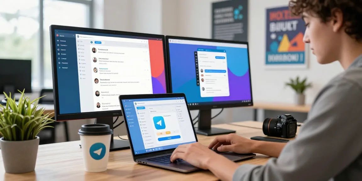 Engaging workspace featuring Telegram Web Version on a laptop with motivational decor and vibrant atmosphere.