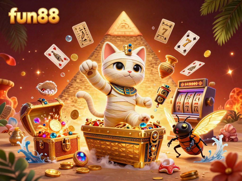 Experience the exciting world of fun88 with a vibrant illustration of a cartoon mummy cat in a pyramids-themed casino filled with dynamic gaming elements.