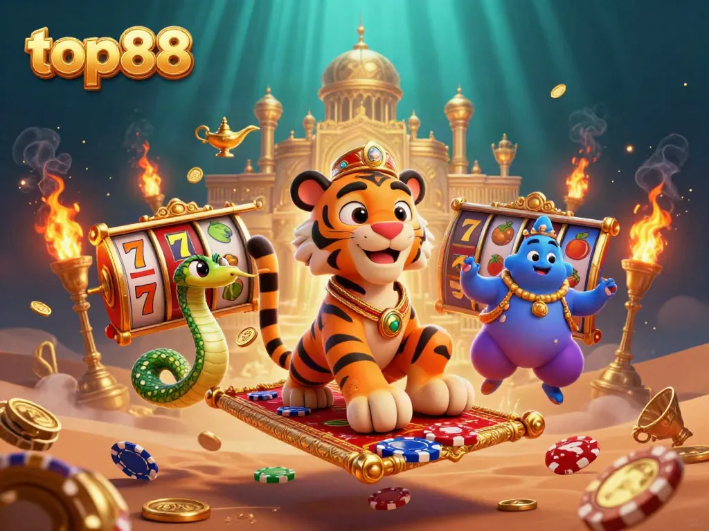 Spin the reels with top88's vibrant 3D casino scene filled with dynamic gaming elements.