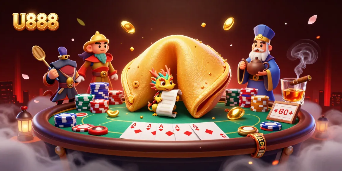 U888 poker showdown featuring a golden fortune cookie and dragon in an action-packed casino scene.