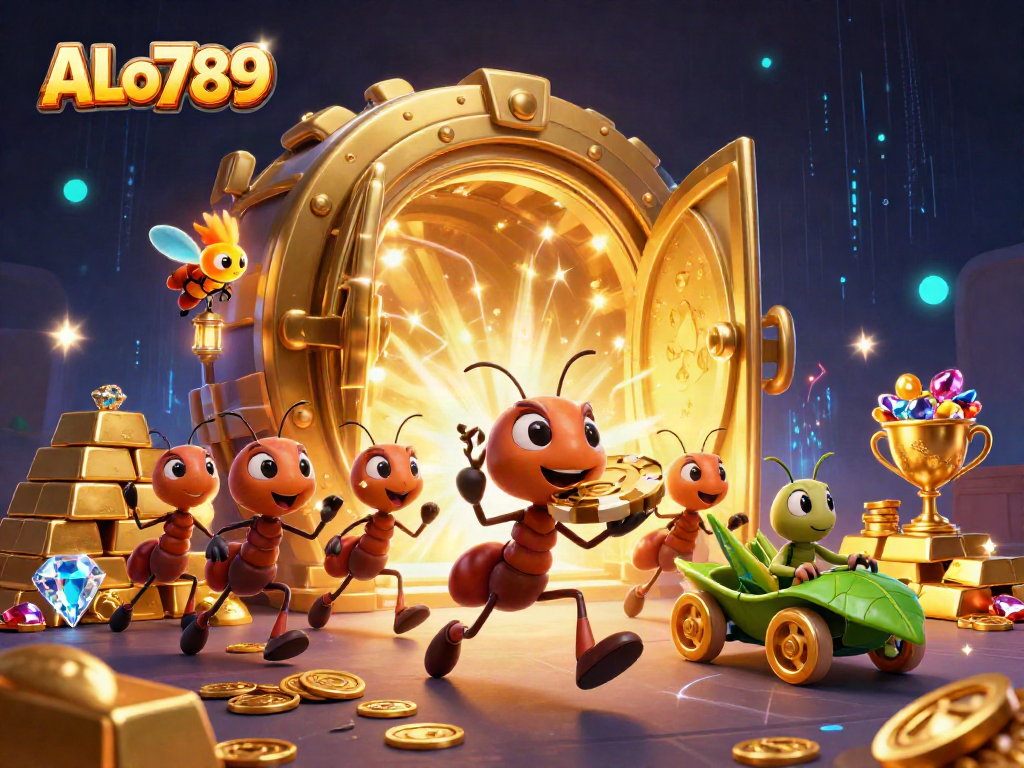 Experience thrill at ALo789 with ants heisting a giant poker chip in a vibrant casino world.