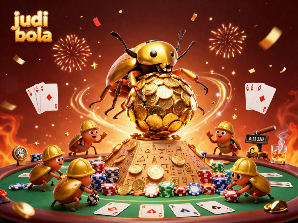 Engage in judi bola with an adventurous 3D scene depicting a massive golden dung beetle rolling coins amidst vibrant casino elements.