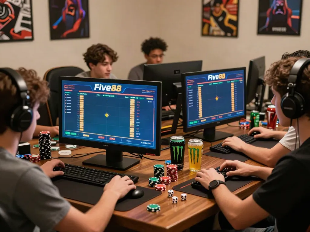 Five88 online gambling players enjoying gaming experience with vibrant screens and gaming decor.