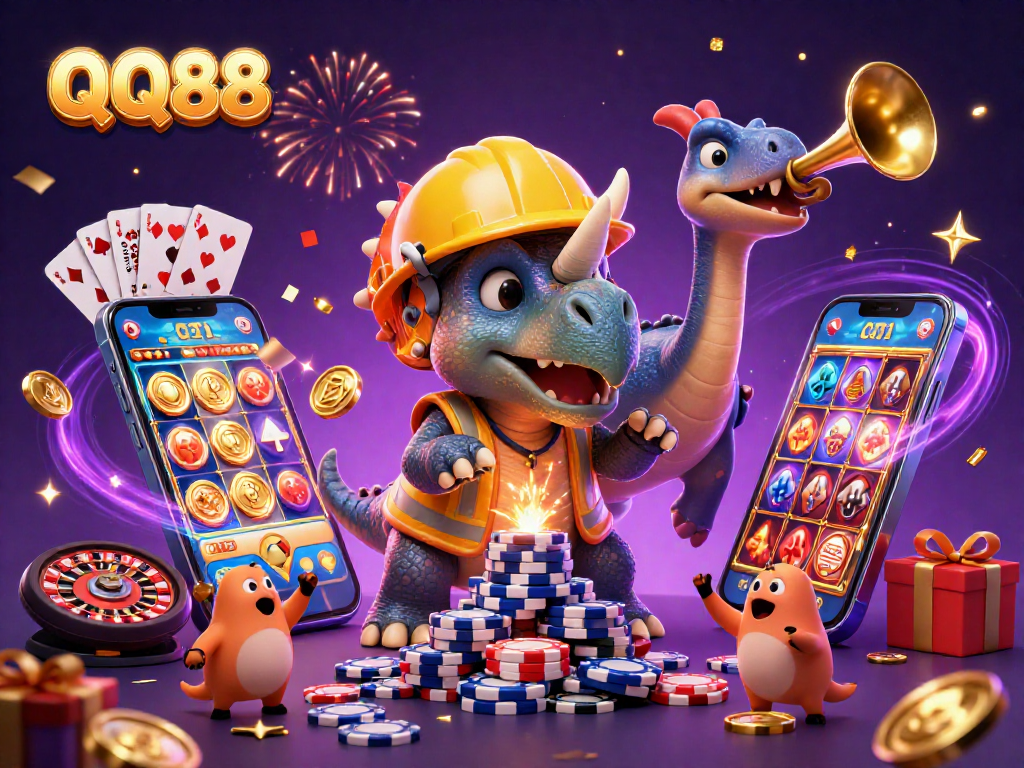 QQ88 brings excitement alive as a triceratops builds poker chip towers amidst vibrant casino celebrations.