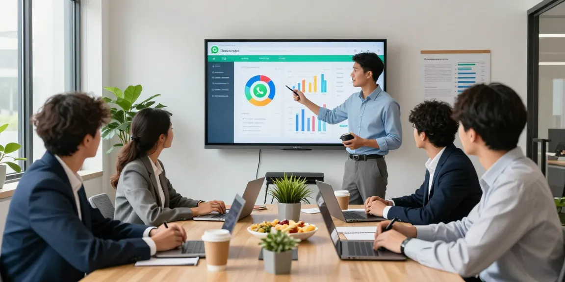 Team collaborating on WhatsApp網頁版 interface in a modern office setting with charts and data.