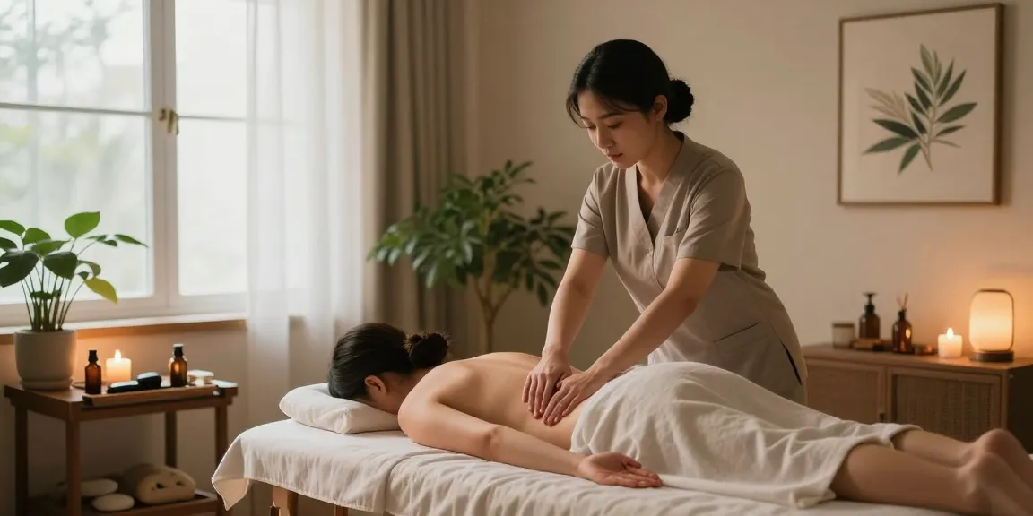 마사지 테라피스트가 고객에게 스웨디시 마사지를 제공하는 평화로운 스파 장면
