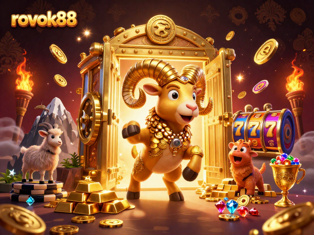 Engage with rokok88's vibrant gaming scene featuring dynamic slot reels and a golden ram.