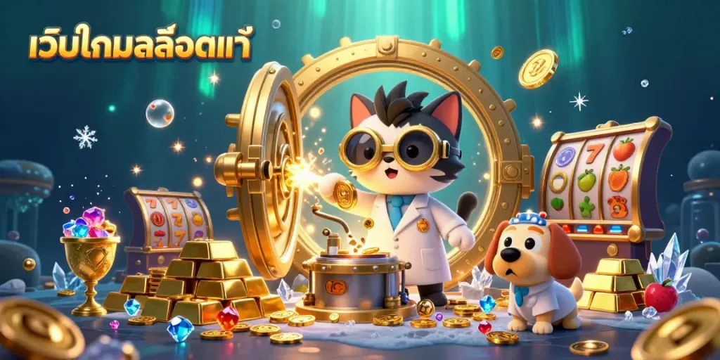Engage with the เว็บเกมสล็อตแท้ featuring cartoon characters and vibrant casino elements in a rich 3D scene.