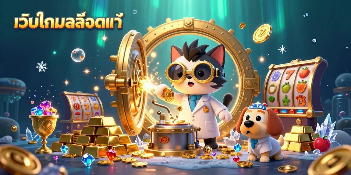 Engage with the เว็บเกมสล็อตแท้ featuring cartoon characters and vibrant casino elements in a rich 3D scene.