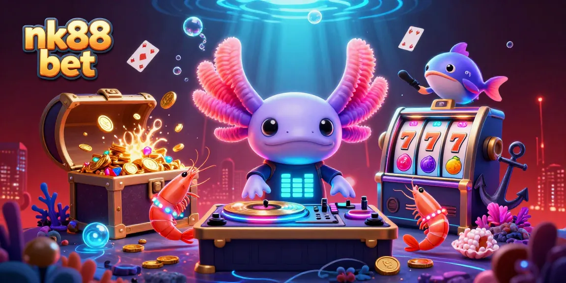 Experience nk88 bet’s vibrant casino atmosphere with a neon axolotl DJ and dynamic game elements.