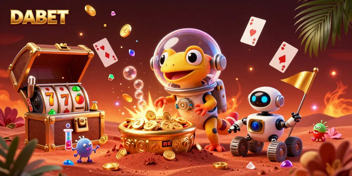 DABET engages players in an exciting casino experience amidst vibrant treasures and animated elements.