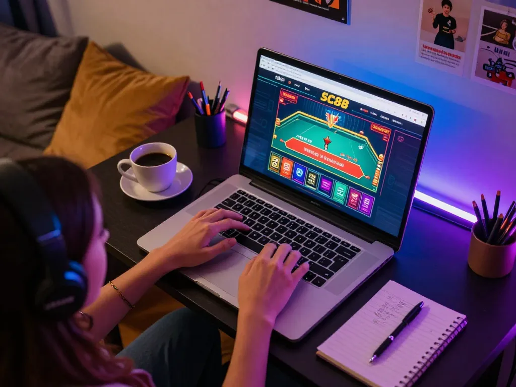 Engaging in online gameplay with Nhà Cái SC88 uy tín, showcasing immersive casino experience at home.