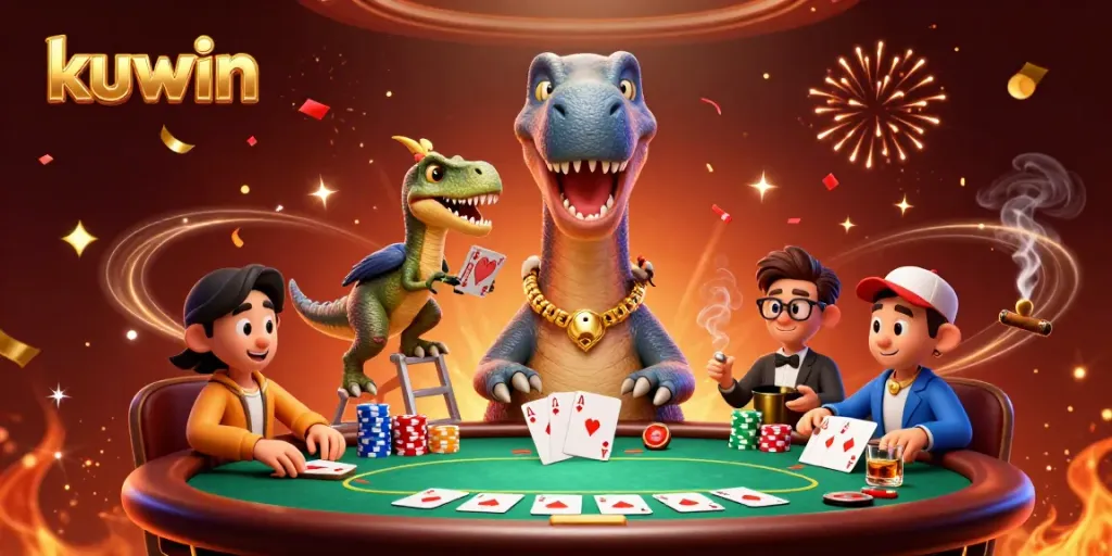 Kuwin welcomes players to its vibrant casino with a whimsical scene featuring a towering brontosaurus overseeing a poker table, ideal for fun and strategy.
