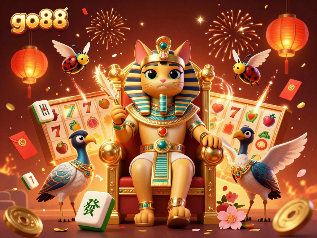 Engage with go88 gaming featuring a pharaoh cat, thrilling slot reels, and festive elements.