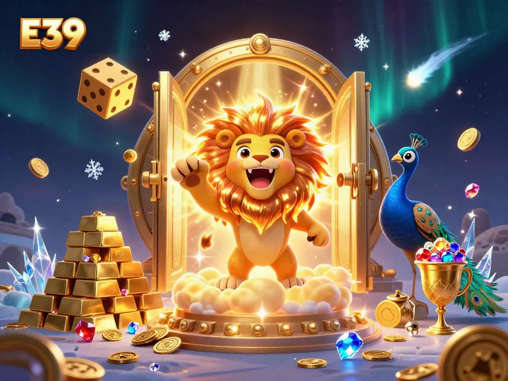 Experience excitement with E39's vibrant online casino illustration featuring golden treasures and dynamic characters.